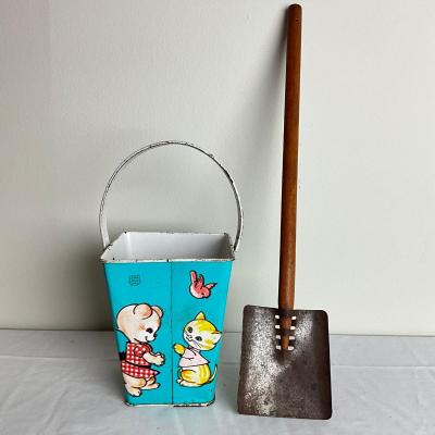 D932 J. Chein Square Sand Pail With Large Wooden & Metal Shovel