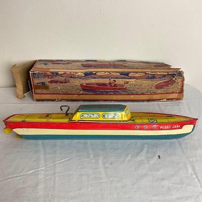 D941 Vintage J. Chein Peggy Jane Windup Boat Toy