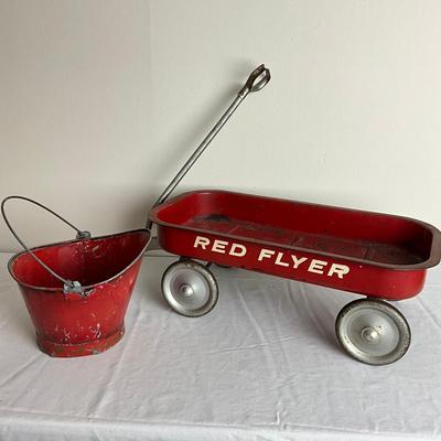 D946 Vintage Metal Red Flyer & Child's Red Coal Hod