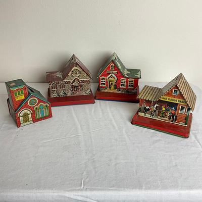 D954 Lot of Four US Metal Toy & J. Chein Metal House Banks