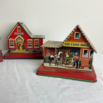 D954 Lot of Four US Metal Toy & J. Chein Metal House Banks
