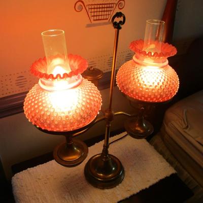 Vintage Fenton Double Student Lamp Cranberry Hobnail Opalescent Shades (BR1)