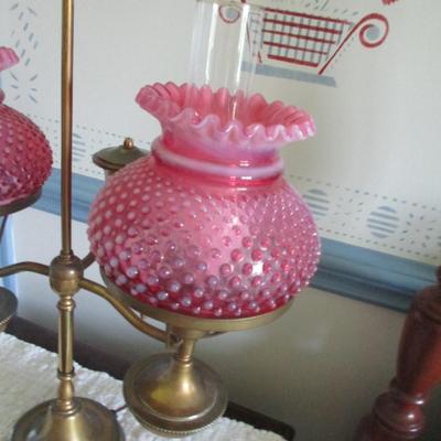 Vintage Fenton Double Student Lamp Cranberry Hobnail Opalescent Shades (BR1)