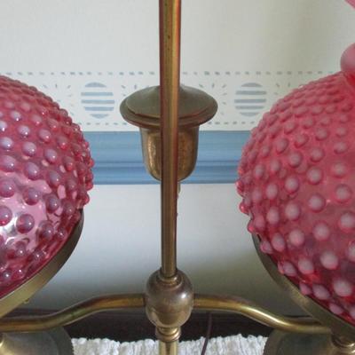 Vintage Fenton Double Student Lamp Cranberry Hobnail Opalescent Shades (BR1)