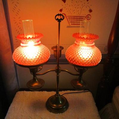 Vintage Fenton Double Student Lamp Cranberry Hobnail Opalescent Shades (BR1)