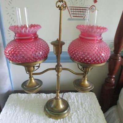 Vintage Fenton Double Student Lamp Cranberry Hobnail Opalescent Shades (BR1)