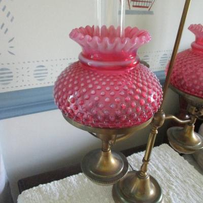 Vintage Fenton Double Student Lamp Cranberry Hobnail Opalescent Shades (BR1)