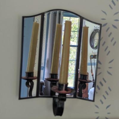 Pair Of Vintage Wall Sconces 3 Mirror Panels Candle Holder Reflector (BR2)