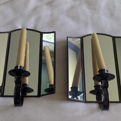 Pair Of Vintage Wall Sconces 3 Mirror Panels Candle Holder Reflector (BR2)