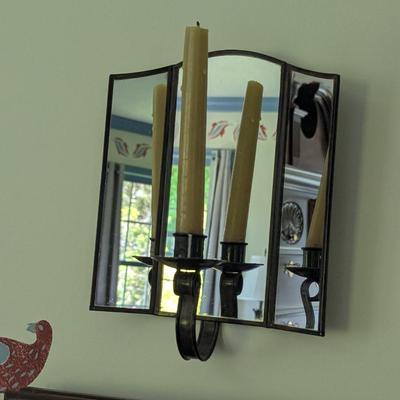 Pair Of Vintage Wall Sconces 3 Mirror Panels Candle Holder Reflector (BR2)