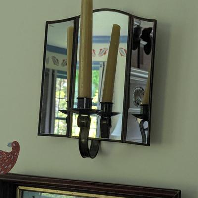 Pair Of Vintage Wall Sconces 3 Mirror Panels Candle Holder Reflector (BR2)