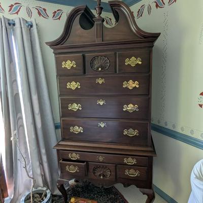 Queen Anne Philadelphia Bonnet Top Highboy From Genuine Mahogany Virginia Galleries Furniture By Henkel Harris Winchester VA. (BRR2)