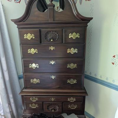 Queen Anne Philadelphia Bonnet Top Highboy From Genuine Mahogany Virginia Galleries Furniture By Henkel Harris Winchester VA. (BRR2)