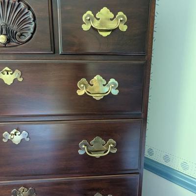 Queen Anne Philadelphia Bonnet Top Highboy From Genuine Mahogany Virginia Galleries Furniture By Henkel Harris Winchester VA. (BRR2)