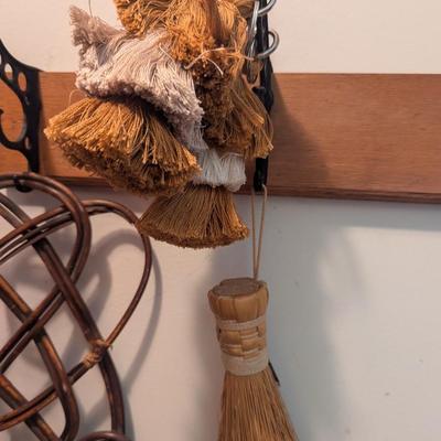 Antique Primitive Woven Rattan Rug Carpet Beater 33" & Hand Held Brush With Tassels (H)