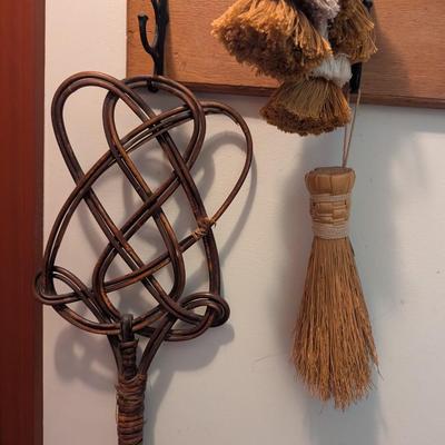 Antique Primitive Woven Rattan Rug Carpet Beater 33" & Hand Held Brush With Tassels (H)