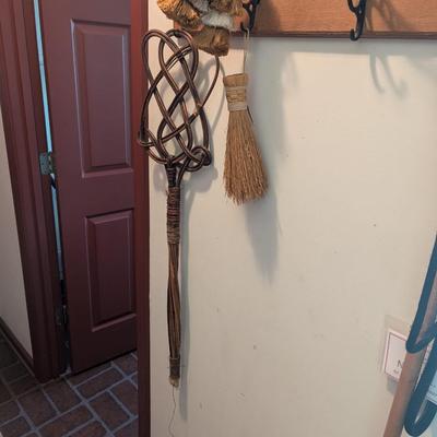 Antique Primitive Woven Rattan Rug Carpet Beater 33" & Hand Held Brush With Tassels (H)