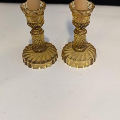 French Amber Style Pressed Glass Candle Sticks (DR)