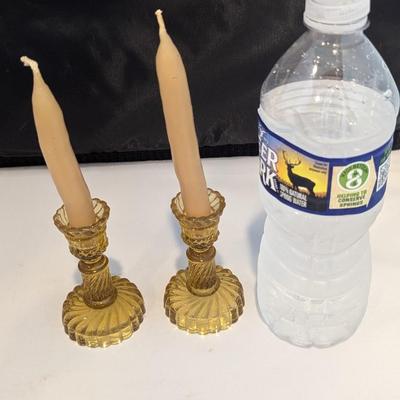 French Amber Style Pressed Glass Candle Sticks (DR)