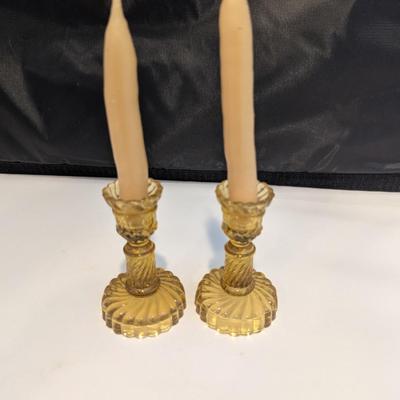 French Amber Style Pressed Glass Candle Sticks (DR)