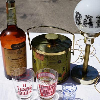 GROUPING OF VINTAGE BAR ITEMS/ VERY CLASSIC ICE BUCKET/ "BAR" GLOBE LAMP/ SHOT GLASSES