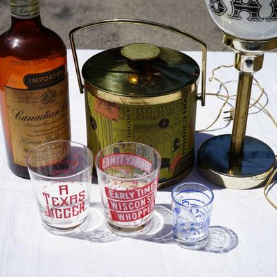 GROUPING OF VINTAGE BAR ITEMS/ VERY CLASSIC ICE BUCKET/ "BAR" GLOBE LAMP/ SHOT GLASSES