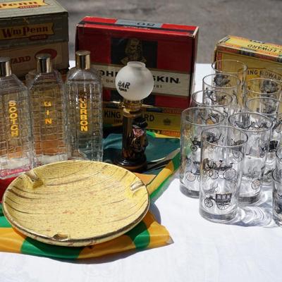 GROUPING OF 1960's VINTAGE BAR ITEMS/ VINTAGE GLASSES LIBBY HORSELESS, THREE CLEAR LIQUOR ,, CIGAR BOXES, SMALL BAR LIGHT W/