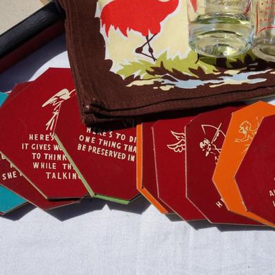 GROUP VINTAGE LOT SHOT GLASSES, JOKE COASTERS, DAZY ICE CRUSHER/ SEATTLES WORLDS FAIR ICE TEA GLASS
