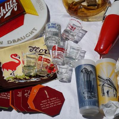 GROUP VINTAGE LOT SHOT GLASSES, JOKE COASTERS, DAZY ICE CRUSHER/ SEATTLES WORLDS FAIR ICE TEA GLASS