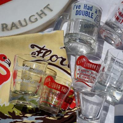 GROUP VINTAGE LOT SHOT GLASSES, JOKE COASTERS, DAZY ICE CRUSHER/ SEATTLES WORLDS FAIR ICE TEA GLASS