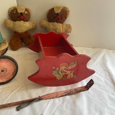 G1071 Vintage Child’s Doll Buggy with Cradle and Two Stuffed Animals