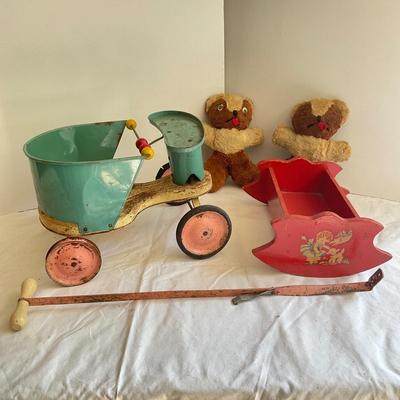 G1071 Vintage Child’s Doll Buggy with Cradle and Two Stuffed Animals