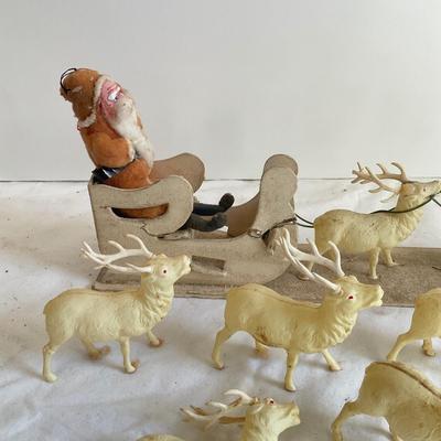 G1072 Antique Celluloid Reindeer with Paper Maché Sled and Santa