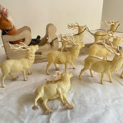 G1072 Antique Celluloid Reindeer with Paper Maché Sled and Santa