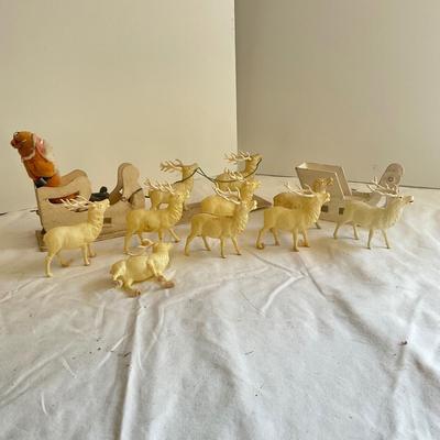 G1072 Antique Celluloid Reindeer with Paper Maché Sled and Santa