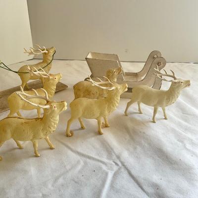 G1072 Antique Celluloid Reindeer with Paper Maché Sled and Santa