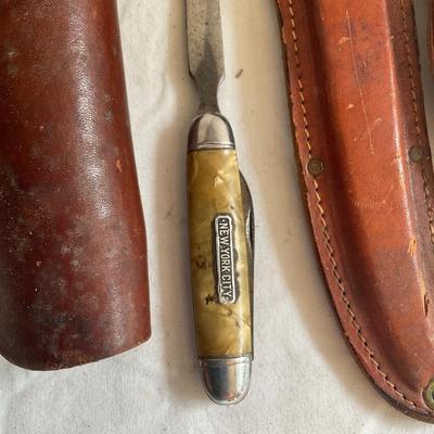 G1087 Lot of Leather Gun Holster with Knife Sheaths and Pocket Knives