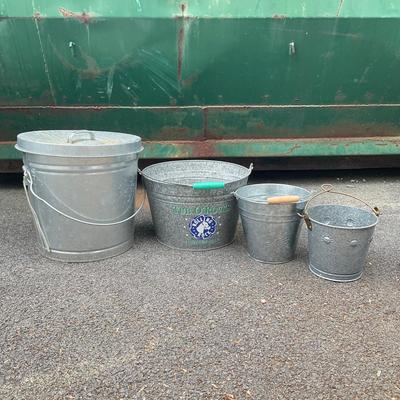 G1088 Lot of 3 Galvanized Pails and 10 gal. Trash Can