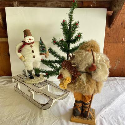 G1116 Vintage Old World Santa with Feather tree, Snowman and Sled