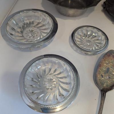Sterling Silver Rimmed Crystal Starburst Coasters Various Silver Plated & Inscribed 1854 Mooney 1904 Trinket Dish & Bowls &...