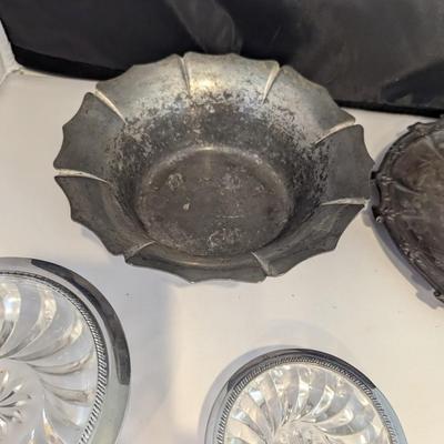 Sterling Silver Rimmed Crystal Starburst Coasters Various Silver Plated & Inscribed 1854 Mooney 1904 Trinket Dish & Bowls &...
