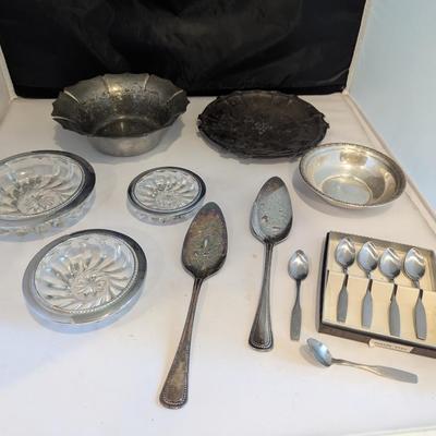 Sterling Silver Rimmed Crystal Starburst Coasters Various Silver Plated & Inscribed 1854 Mooney 1904 Trinket Dish & Bowls &...