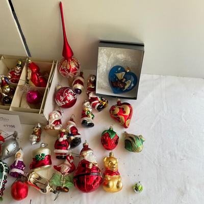 G1166 Lot of Glass Figural Ornaments - Parrots, Winnie the Pooh, M&M, Santas,