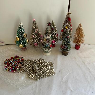 G1187 Lot of Vintage Bottle Brush Trees and Glass Garland