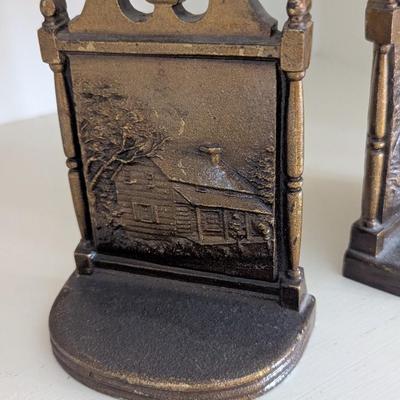Antique Bradley & Hubbard Cast Iron Book Ends With Farm House Scene (DD)