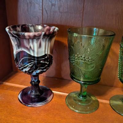 Slag Water Glass Rose Oval Amber Depression Star & File Wine Goblet Imperial 1904 Panel Star Hobstar Beaded Grape Green Glass (DD)