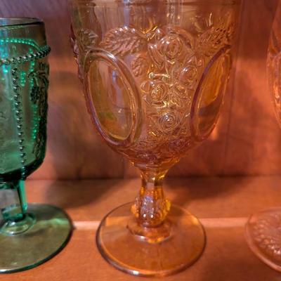 Slag Water Glass Rose Oval Amber Depression Star & File Wine Goblet Imperial 1904 Panel Star Hobstar Beaded Grape Green Glass (DD)