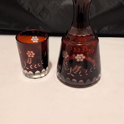 Antique Cut Bohemian Ruby Decanter & Glass (B)