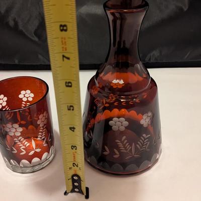 Antique Cut Bohemian Ruby Decanter & Glass (B)