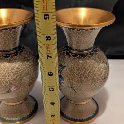 Pair Of Cloisonne Brass Enamel Floral Vases Cherry Blossom (B)